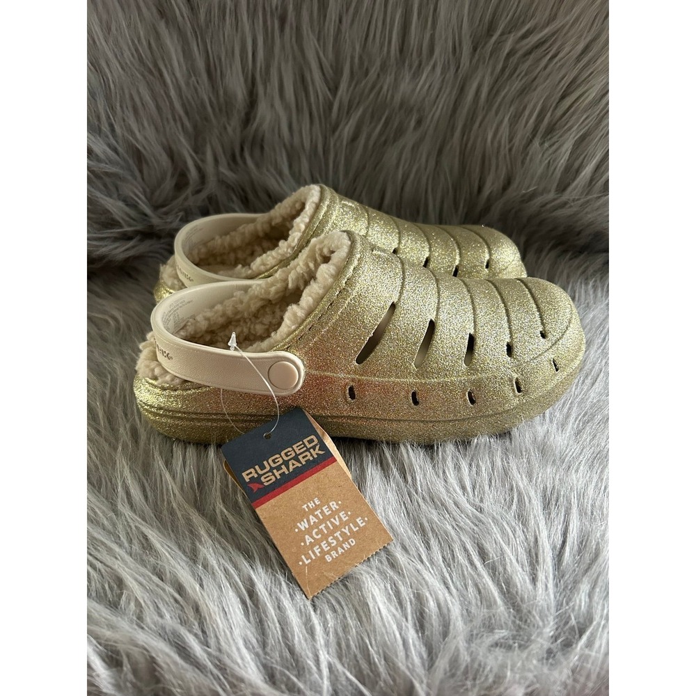 Rugged Shark Clogs Girl's Size 4 Sparkly Gold Lined Slip On Shoes Sandals